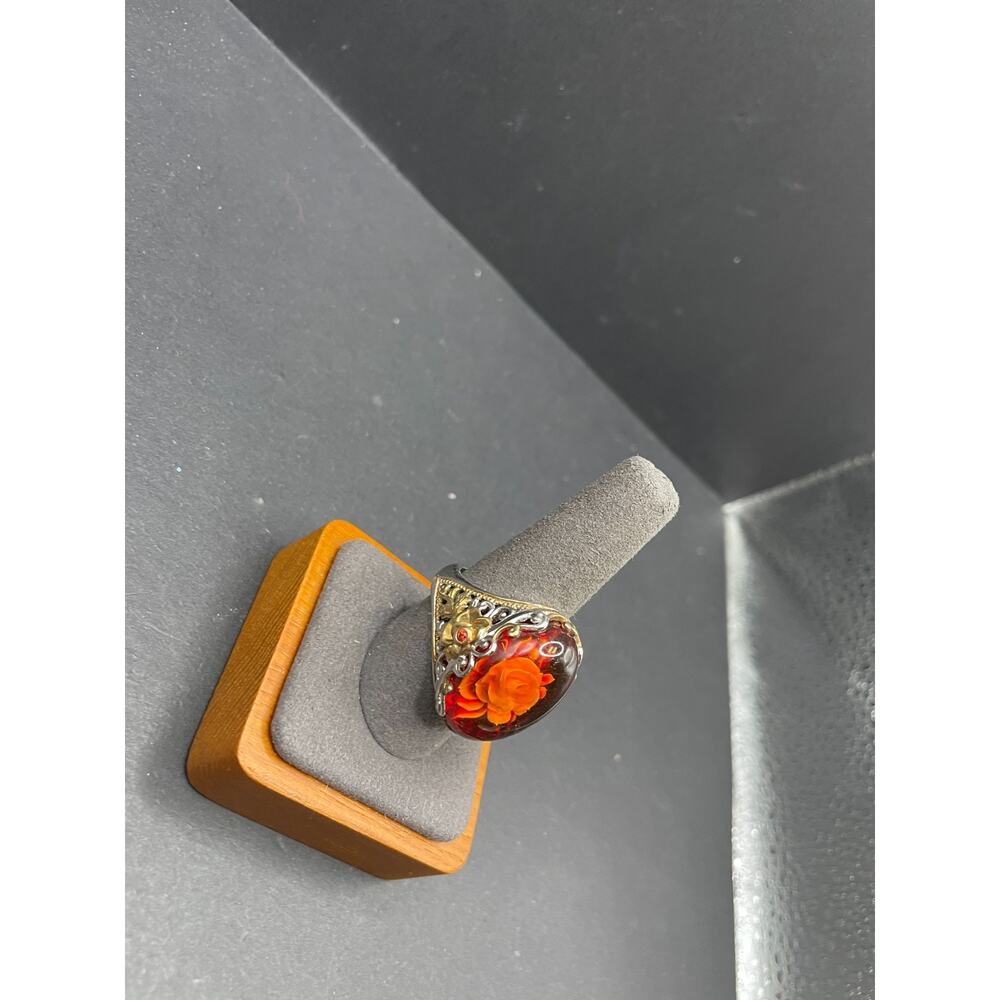 925 Sterling Silver Gold Tone Amber Carved Rose Ring Size 10 Intaglio Statement - Picture 3 of 6